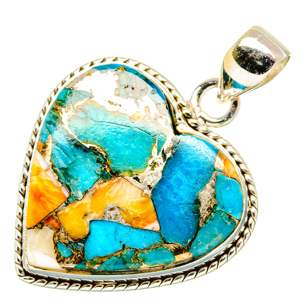 Heart-shaped spiny oyster turquoise pendant in 925 silver with rope-edge frame