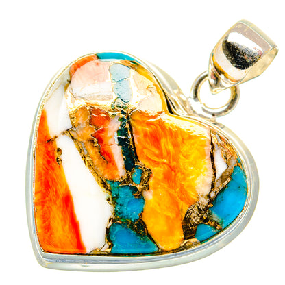 Heart-shaped spiny oyster pendant with turquoise inlay and silver bail, 925 sterling
