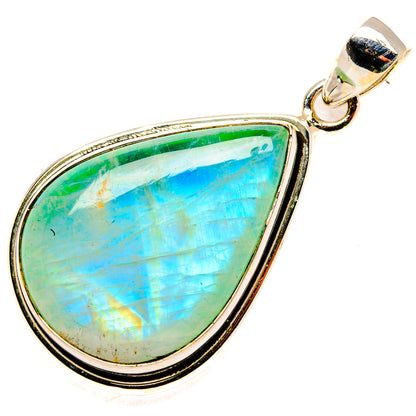Green and blue opalescent moonstone teardrop pendant, sterling silver bail