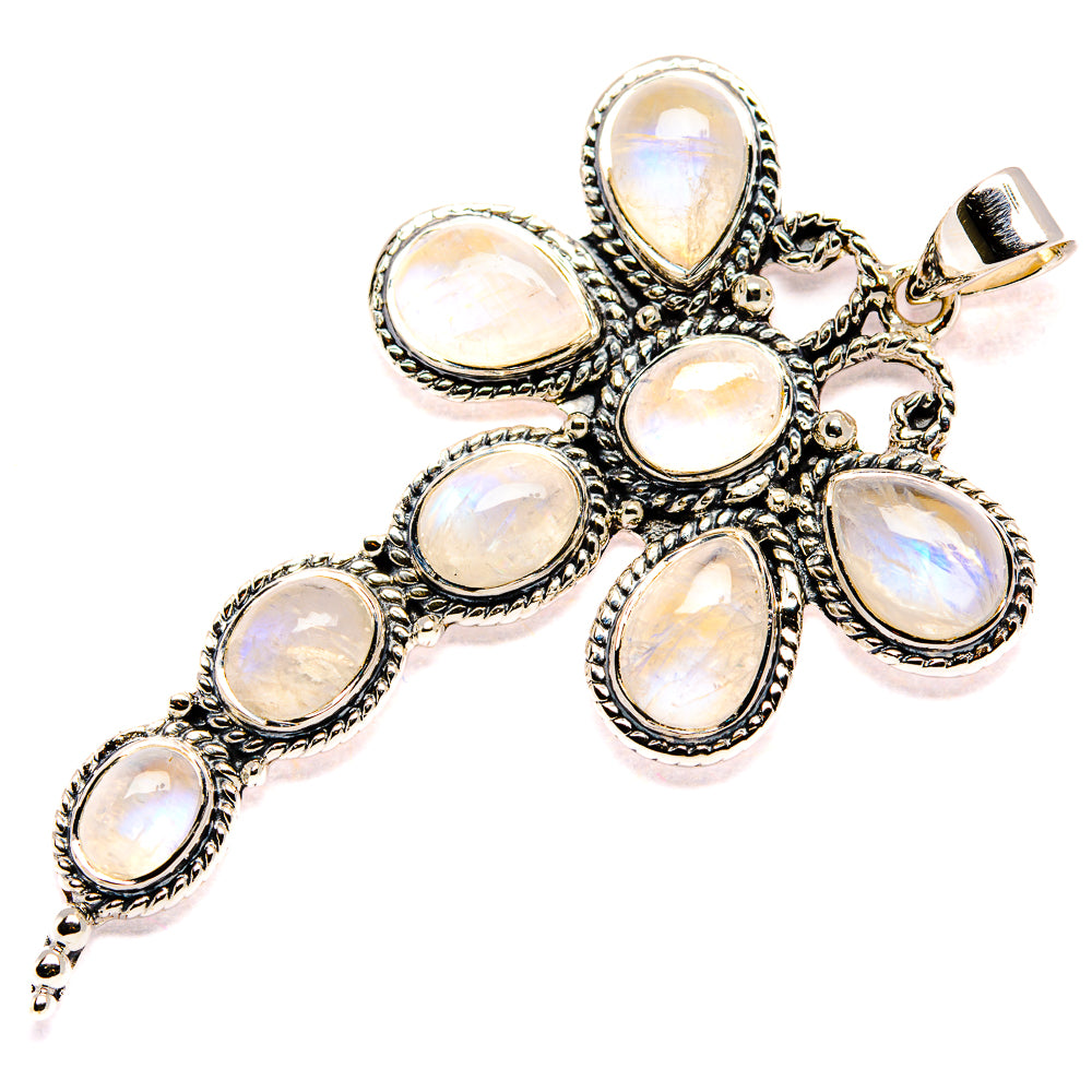 Sterling silver rainbow moonstone cross pendant with oval stones and ornate border