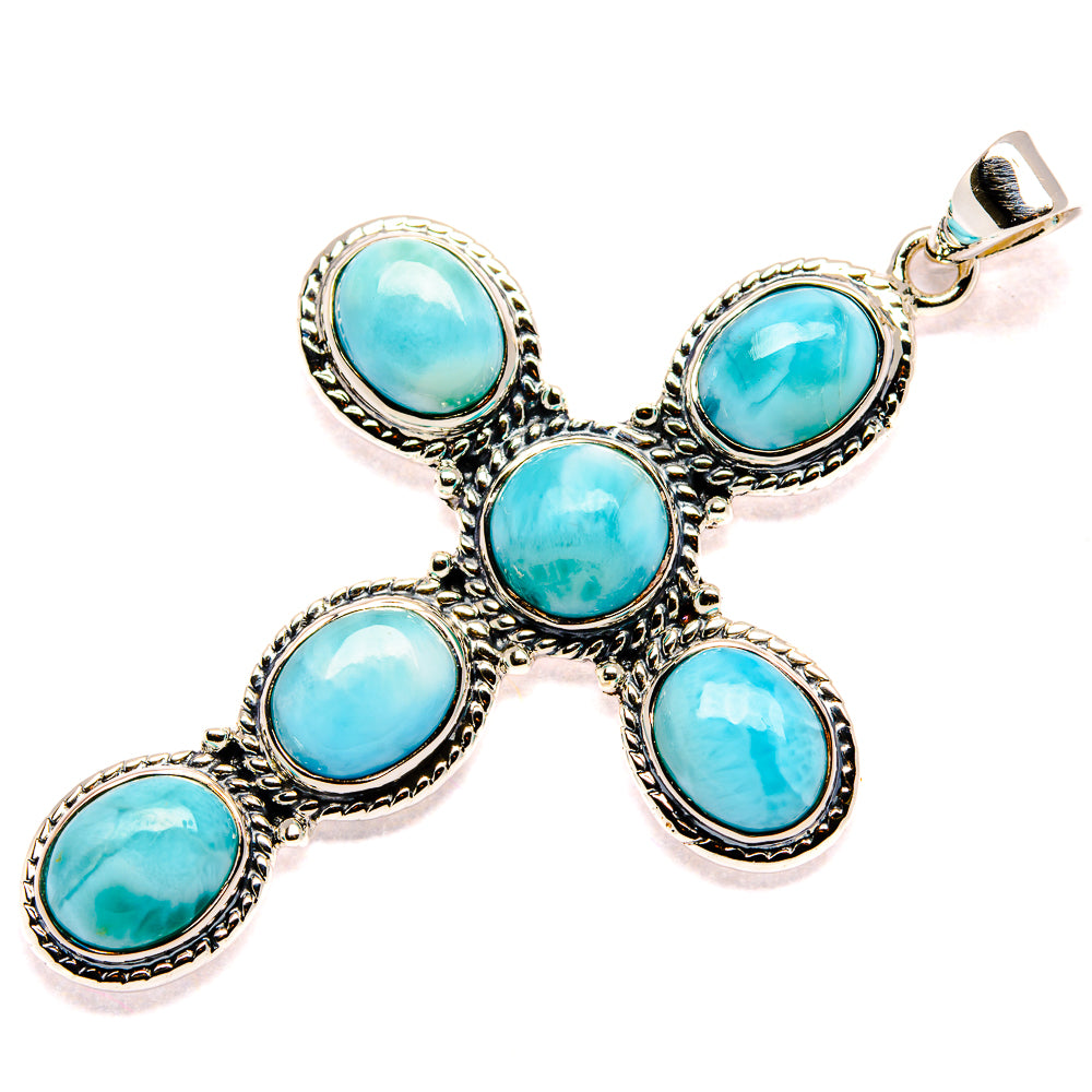 Sterling silver cross pendant with five oval blue Larimar stones, loop bail