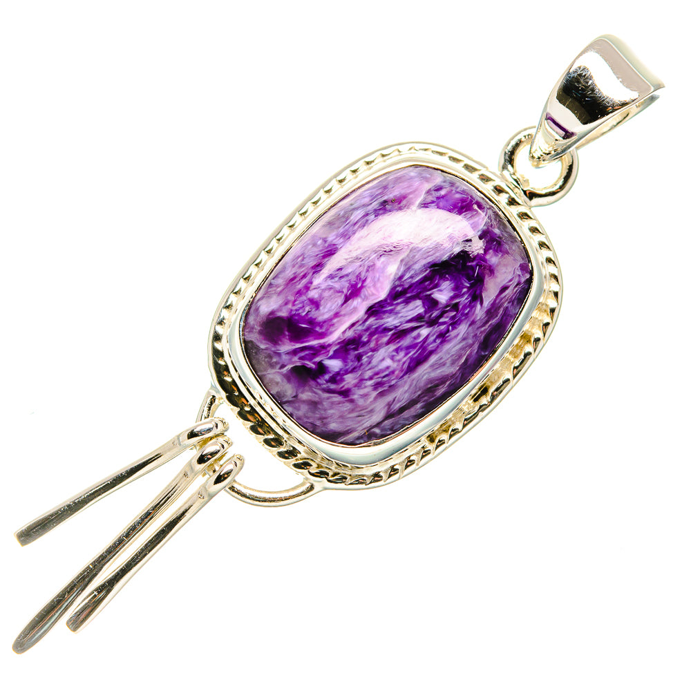 Oval purple gemstone pendant in sterling silver with textured bezel and dangling bar accents