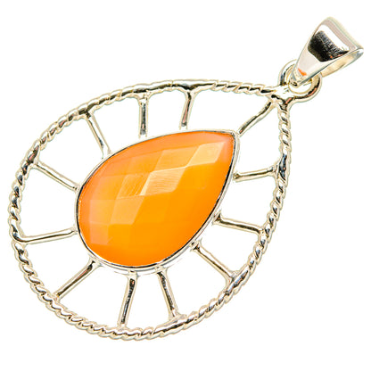 Peach moonstone teardrop pendant with sunburst setting, 925 sterling silver bail
