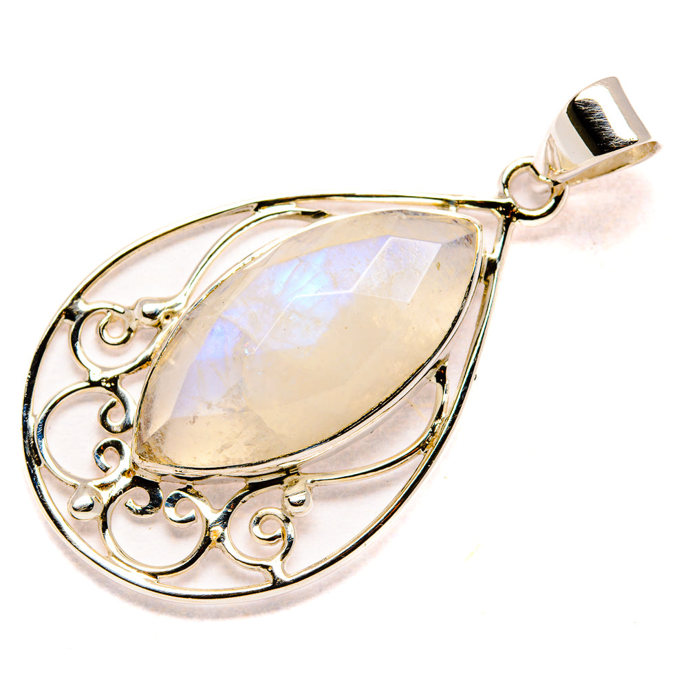 Iridescent moonstone teardrop pendant with ornate silver scrollwork and hanging bail
