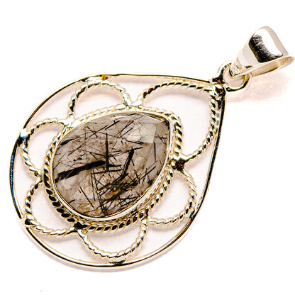Rutilated quartz pendant in oval silver setting with ornate braided border and bail
