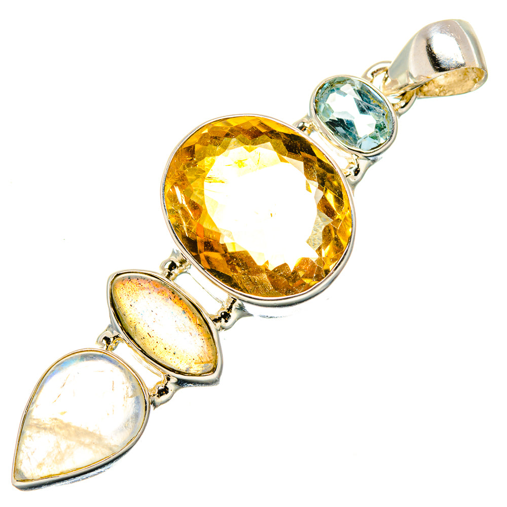 Sterling silver pendant with large amber round stone, two pear cabochons, and small blue stone