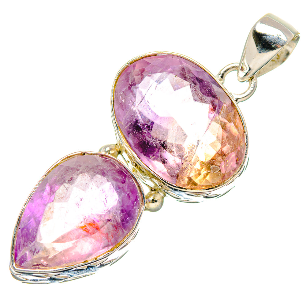 Faceted ametrine pendant with two pear-shaped stones, silver prong settings and bail