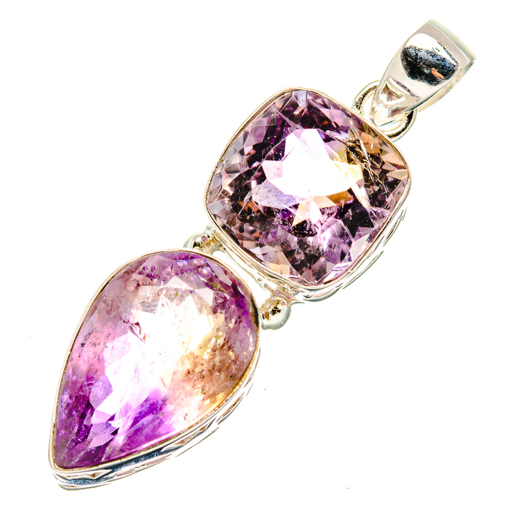Faceted teardrop gemstone pendant in polished 925 sterling silver, two purple stones