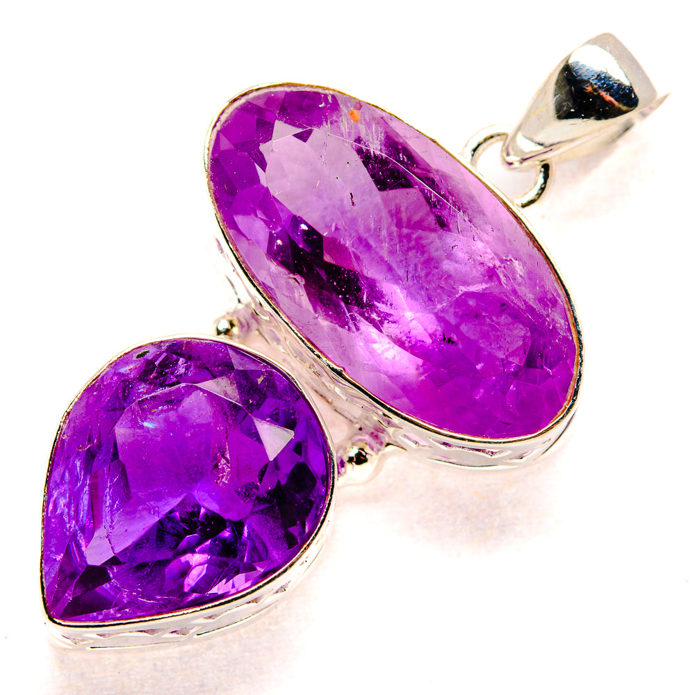 Faceted purple amethyst pendant with two teardrop stones, 925 sterling silver setting