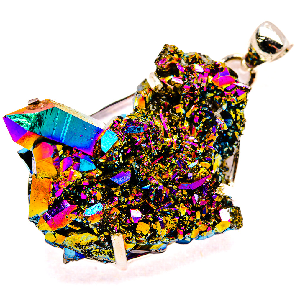 Rainbow druzy crystal pendant with prong setting and silver bail, faceted cluster