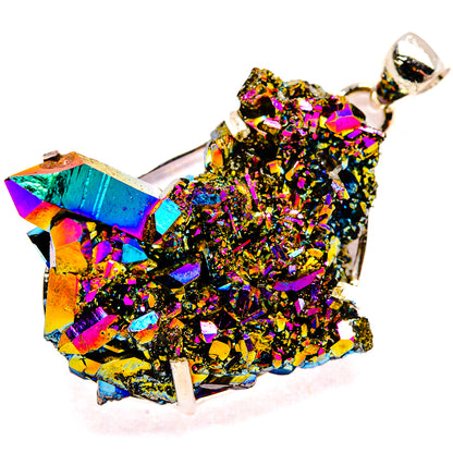 Rainbow druzy crystal pendant with prong setting and silver bail, faceted cluster