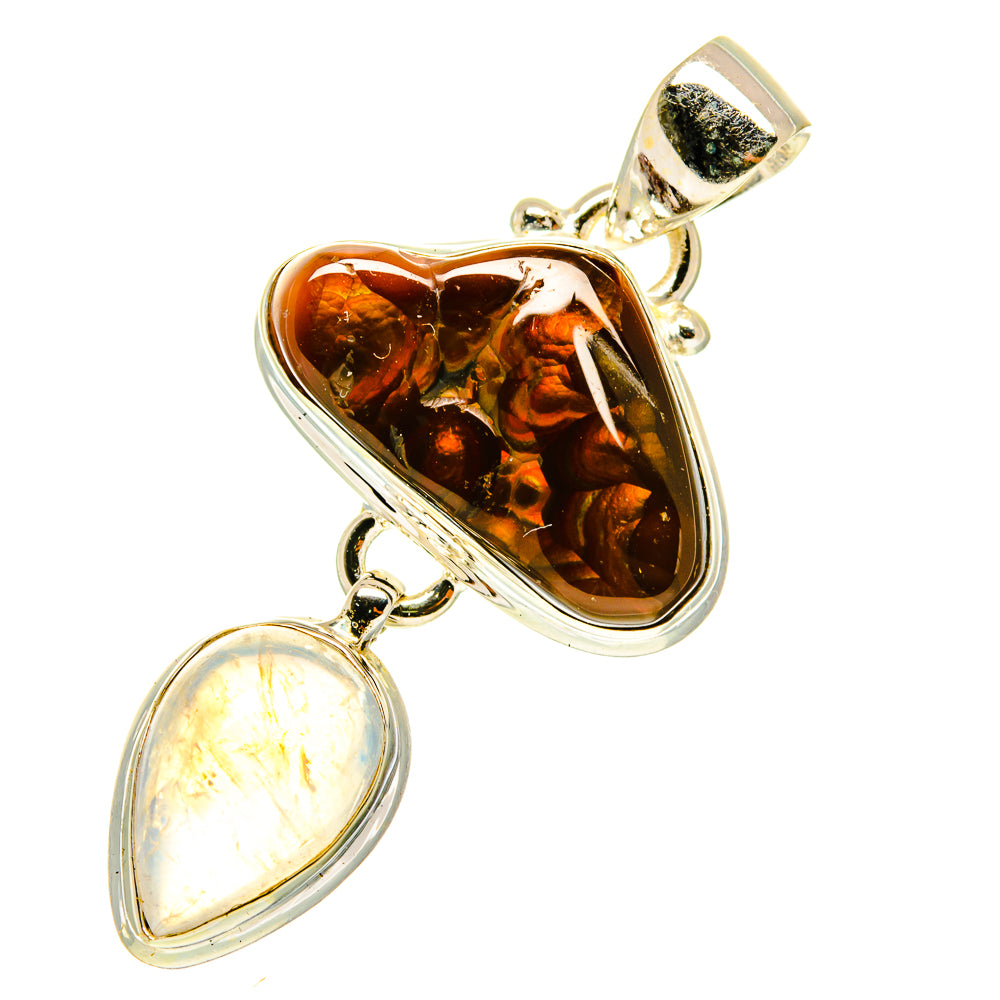 Amber and opal-like heart gemstone pendant in silver-tone setting with two charms