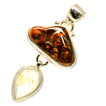 Amber and opal-like heart gemstone pendant in silver-tone setting with two charms
