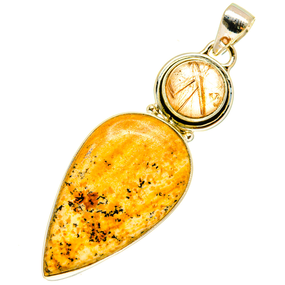 Picture jasper teardrop pendant with rutilated quartz bezel and polished silver top