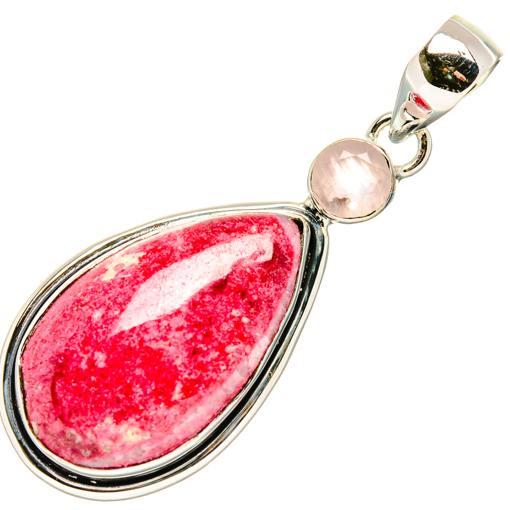 Teardrop rhodochrosite pendant with round rose quartz stone, 925 sterling silver bail