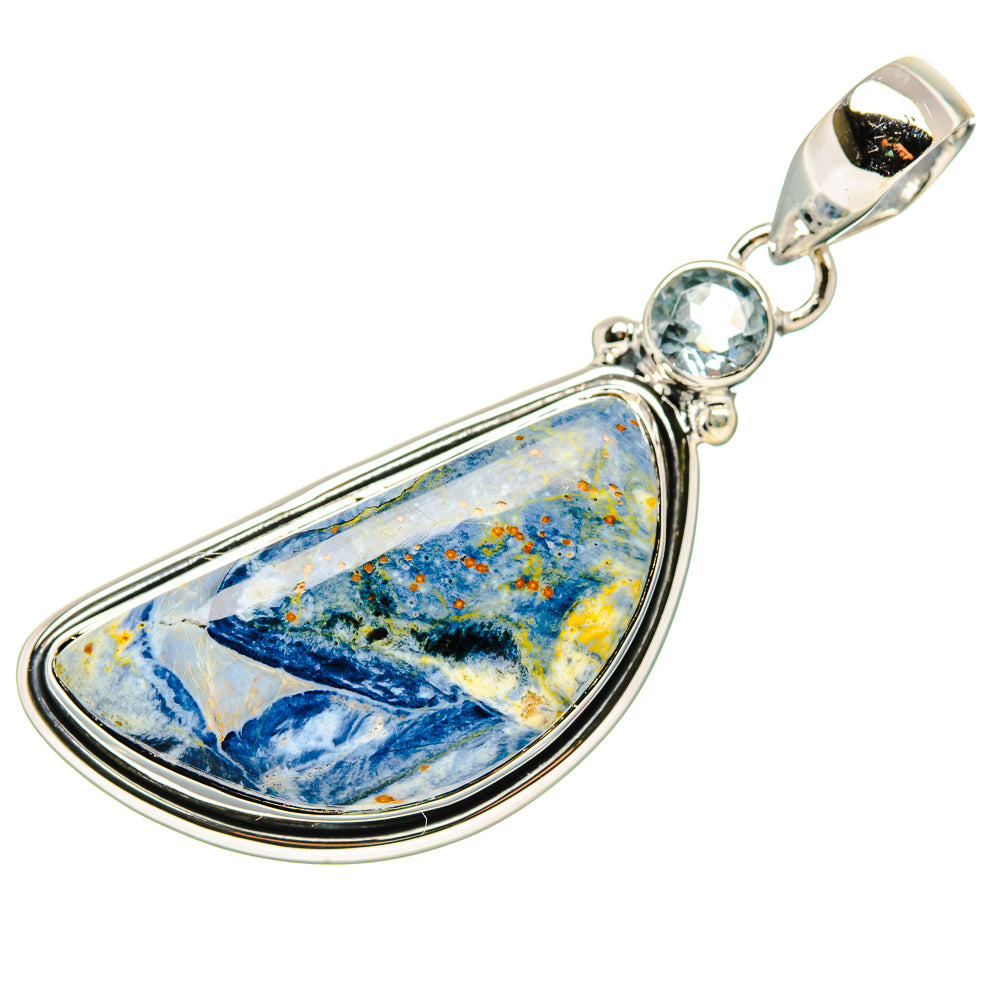 Teardrop pietersite pendant with round blue topaz, 925 sterling silver bail