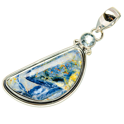 Teardrop pietersite pendant with round blue topaz, 925 sterling silver bail