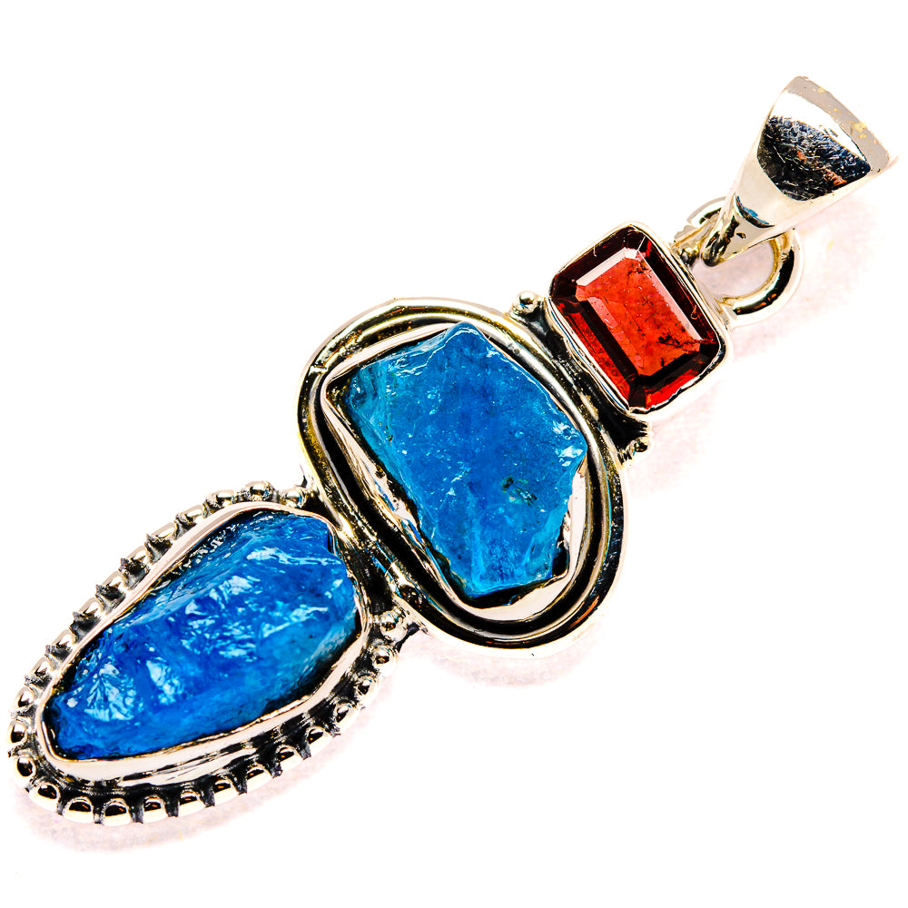 Rough blue fluorite and red garnet pendant in polished 925 sterling silver setting