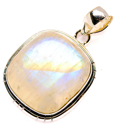 Rainbow moonstone pendant with oval cabochon and sterling silver bezel, top bail visible.