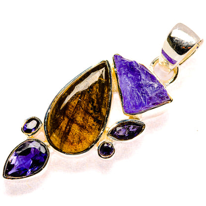 Sterling silver gemstone pendant with iridescent teardrop labradorite and purple tanzanite accents