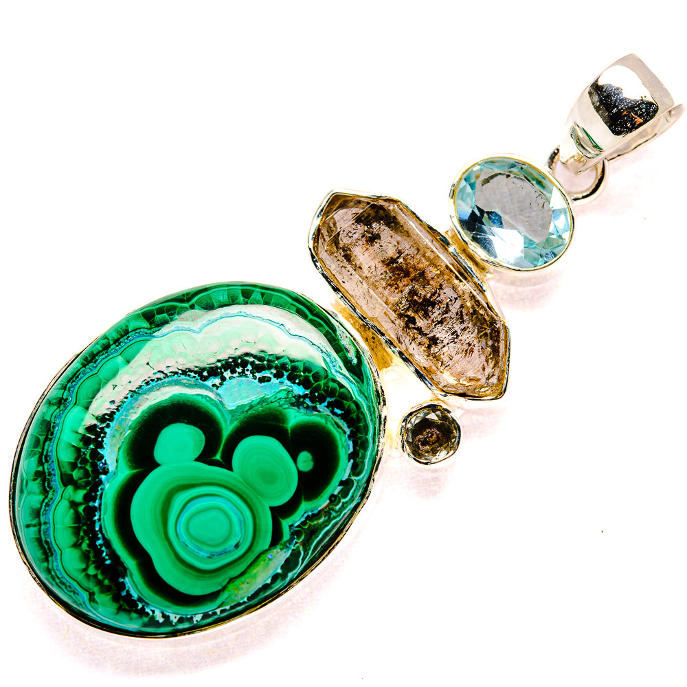 Green malachite oval pendant with blue topaz and square herkimer diamond cluster, sterling silver