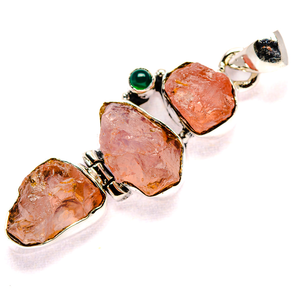 Rough rose quartz and green onyx pendant with three bezel-set stones, 925 sterling silver