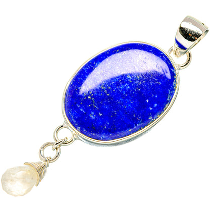 Blue lapis lazuli oval heart pendant with 925 silver bail and moonstone dangle