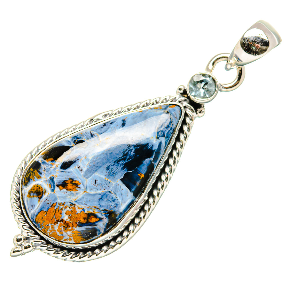 Pietersite and blue topaz teardrop pendant, 925 sterling silver setting