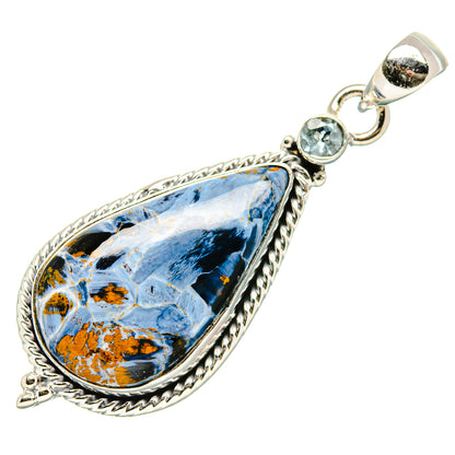 Pietersite and blue topaz teardrop pendant, 925 sterling silver setting