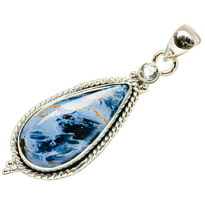 Pietersite pendant, 925 sterling silver teardrop blue stone with ornate rope edge