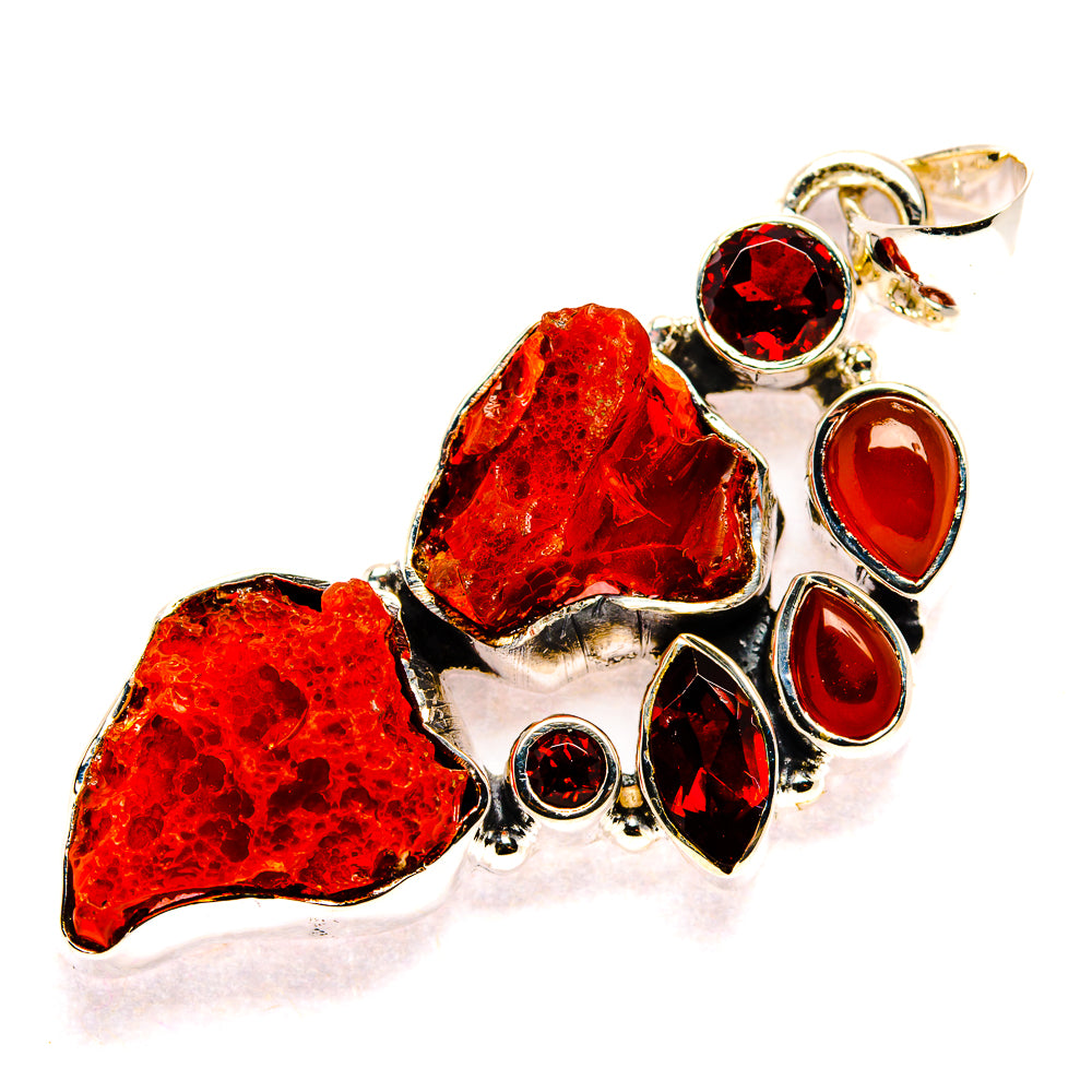 Rough carnelian and garnet pendant in sterling silver, multi-stone heart cluster