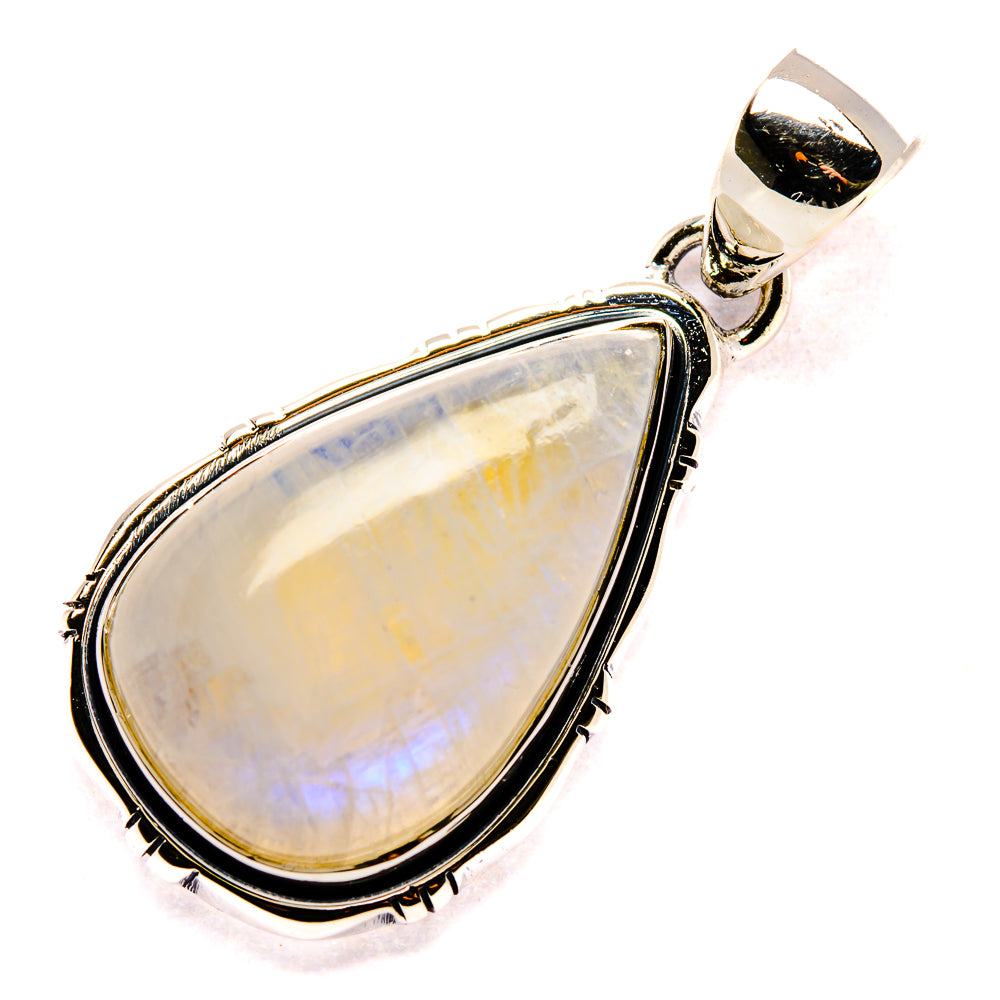 Sterling silver teardrop pendant with rainbow moonstone, detailed bezel and bail