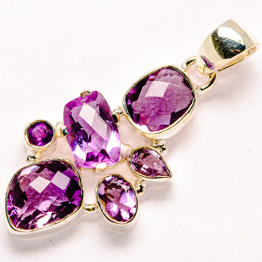 Faceted amethyst pendant in 925 sterling silver with multi-stone cluster, teardrop bail