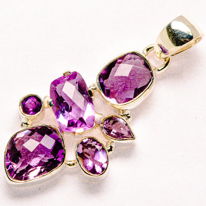 Faceted amethyst pendant in 925 sterling silver with multi-stone cluster, teardrop bail