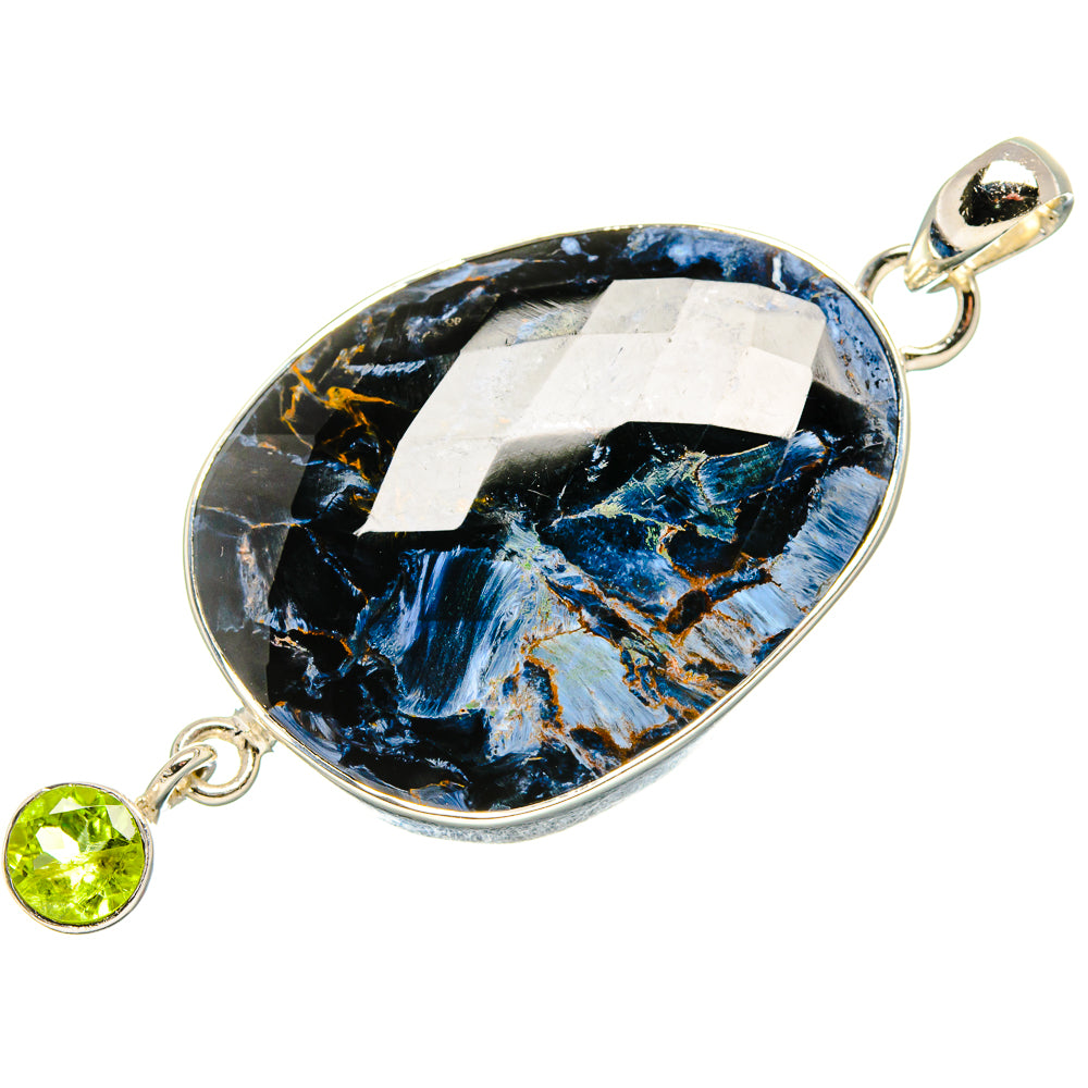Blue-black oval pietersite pendant with round green peridot charm and 925 sterling silver