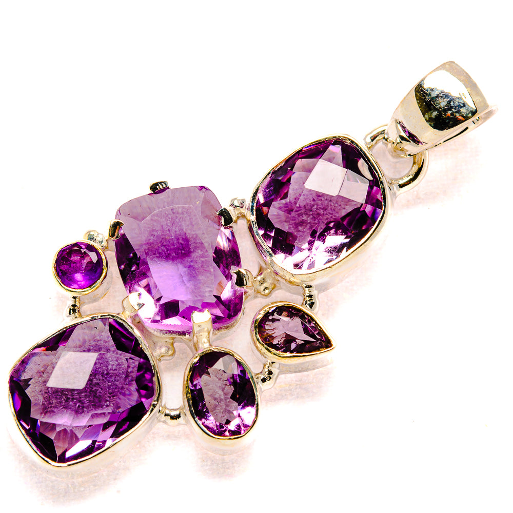 Faceted amethyst pendant in 925 sterling silver with multi-stone cluster and bail