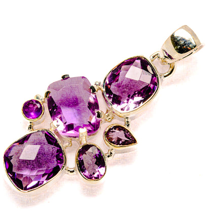 Faceted amethyst pendant in 925 sterling silver with multi-stone cluster and bail