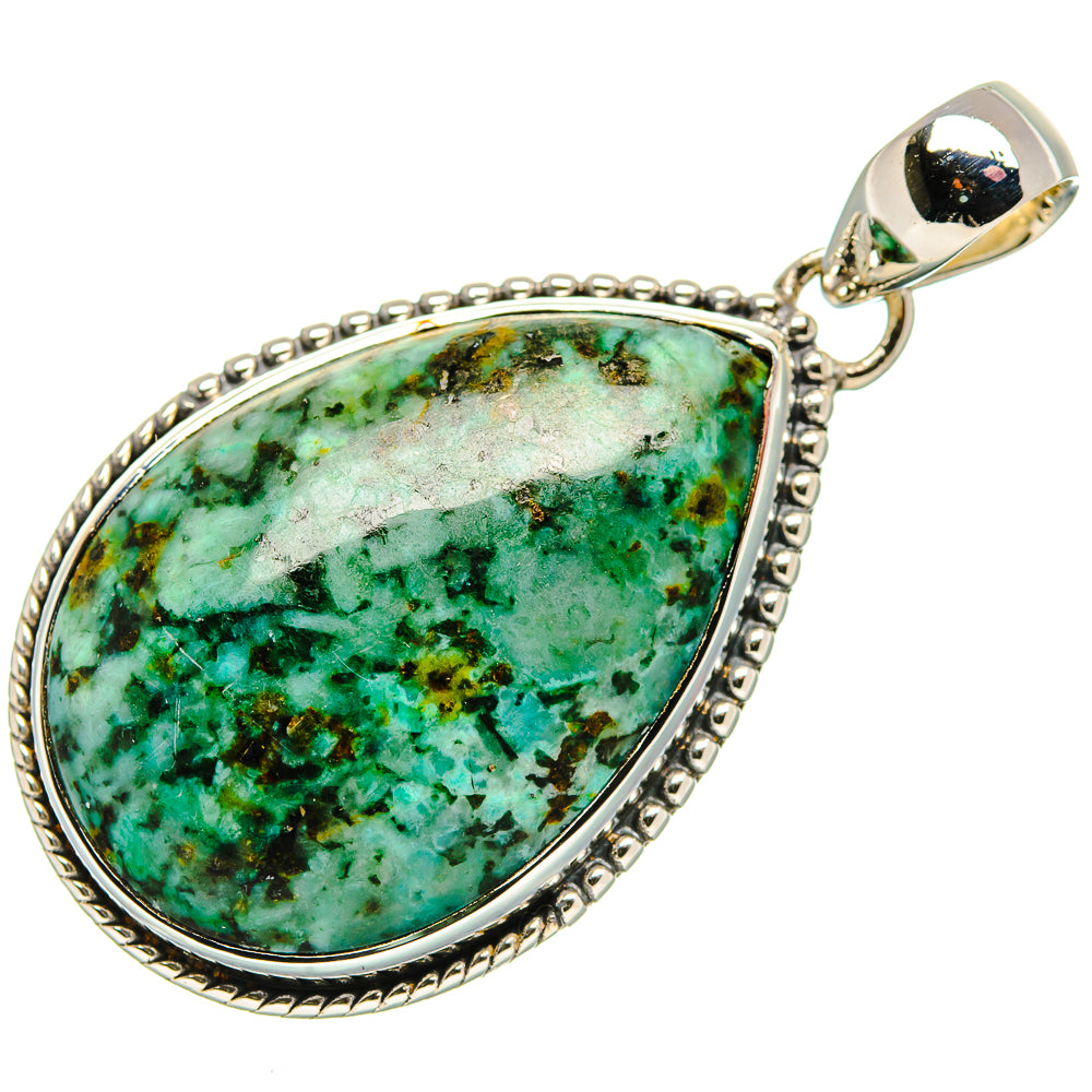 Silver framed turquoise teardrop pendant with raised bead trim and top bail