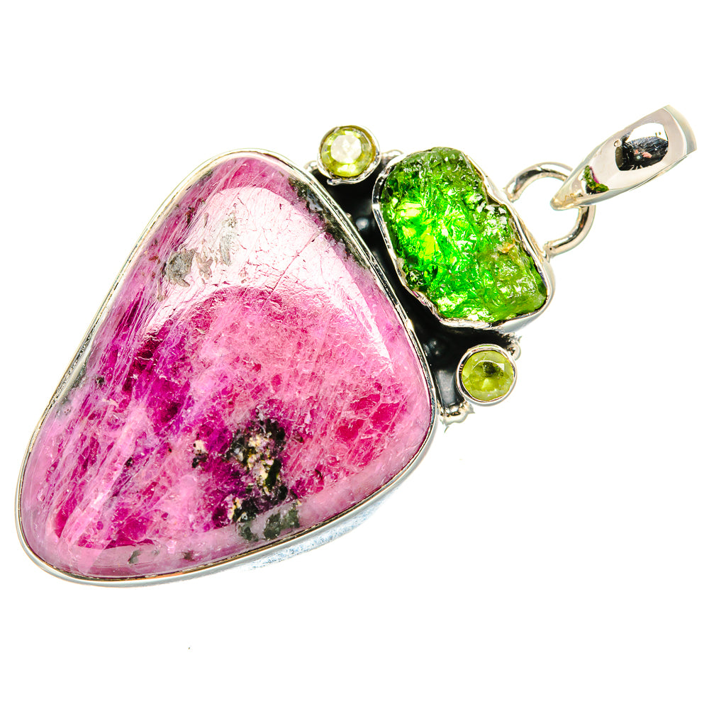Sterling silver teardrop pendant with rhodonite and green peridot, chrome diopside