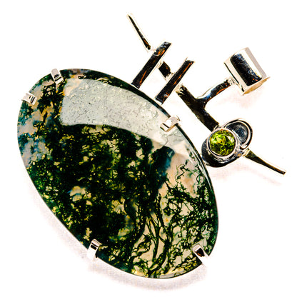 Green moss agate teardrop pendant with round peridot in 925 sterling silver setting