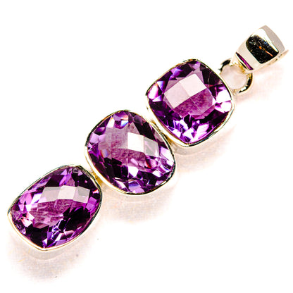 Three-stone faceted amethyst pendant, silver setting and loop bail