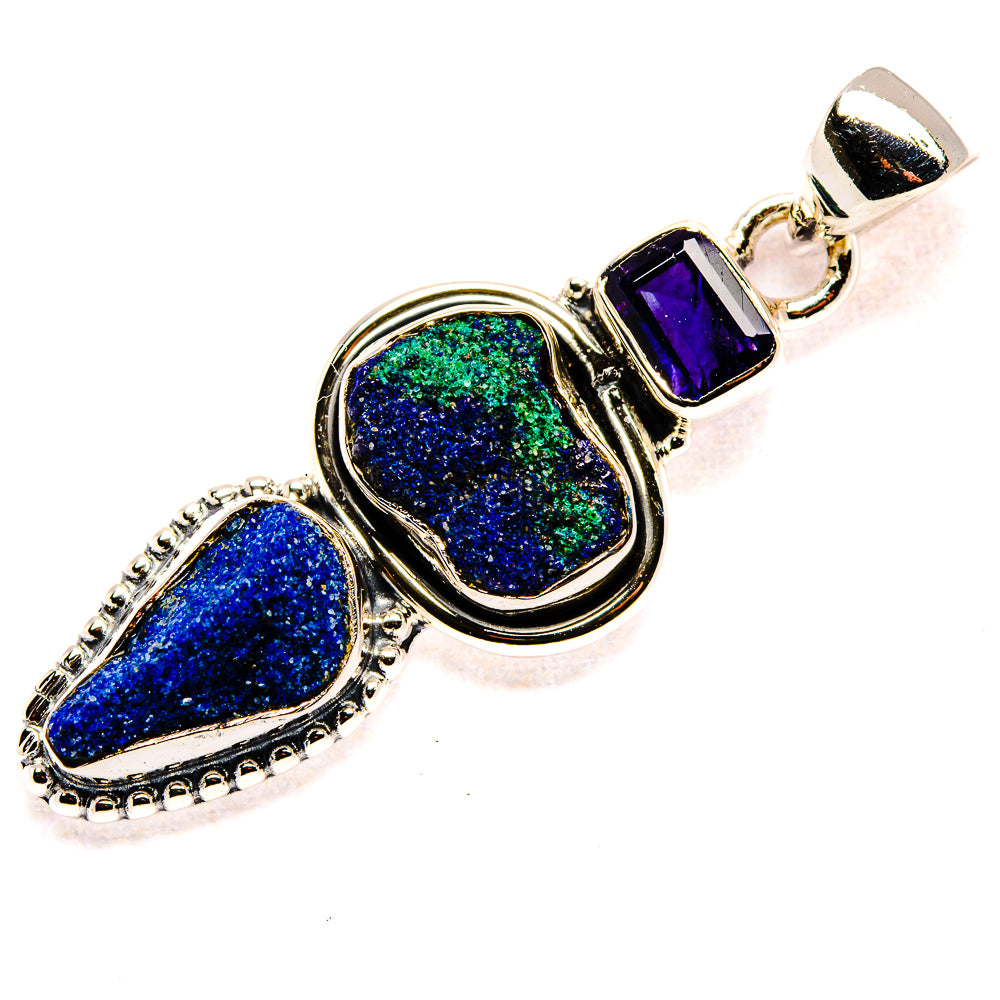 Sterling silver gemstone pendant featuring two oval rough blue-green stones, purple accents