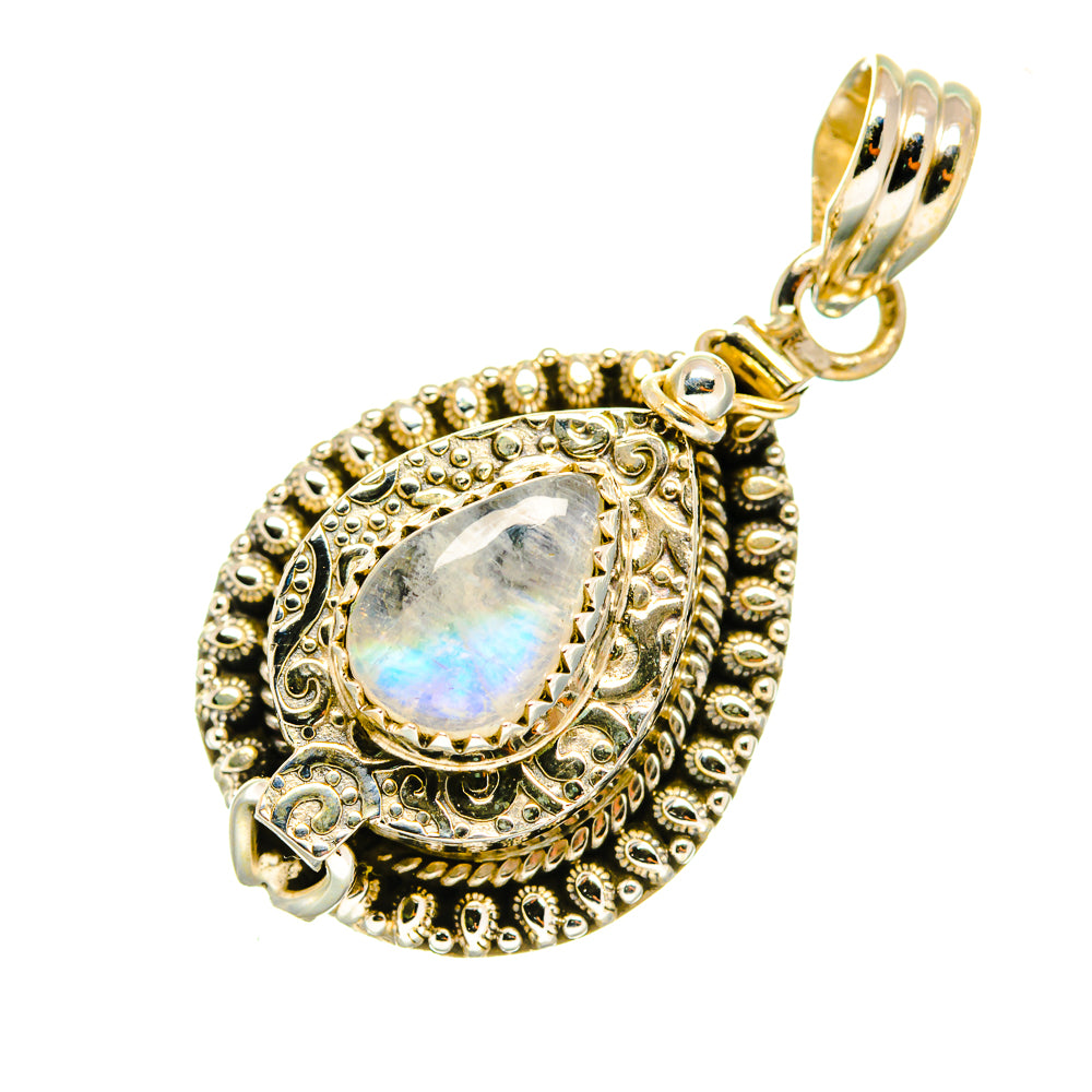 Ornate teardrop moonstone pendant with rainbow iridescent center and gold-tone bail