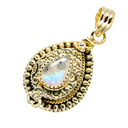 Ornate teardrop moonstone pendant with rainbow iridescent center and gold-tone bail