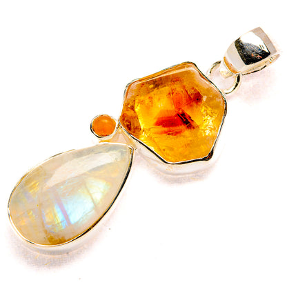 Octagonal citrine and oval moonstone pendant in 925 sterling silver bezel setting