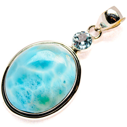 Sterling silver oval larimar pendant with round blue gemstone set on bail