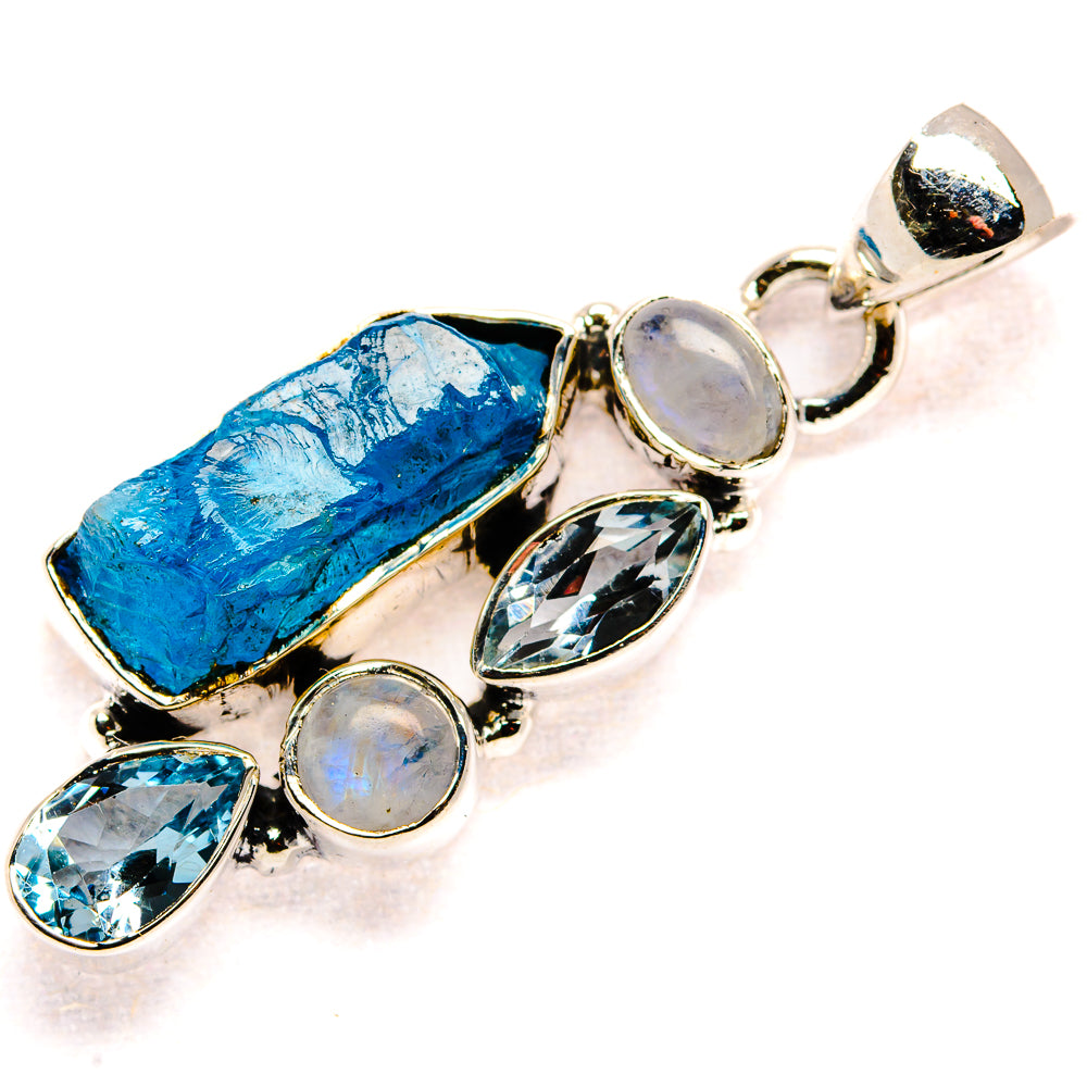 925 sterling silver gemstone pendant with rough blue stone, moonstone ovals, faceted blue teardrops