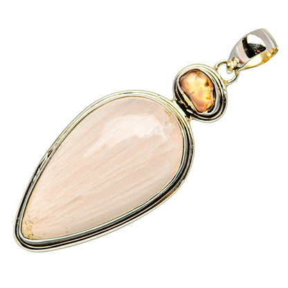 Rose quartz and white-pink pendant with oval cabochon, 925 sterling silver setting, gold-tone bail