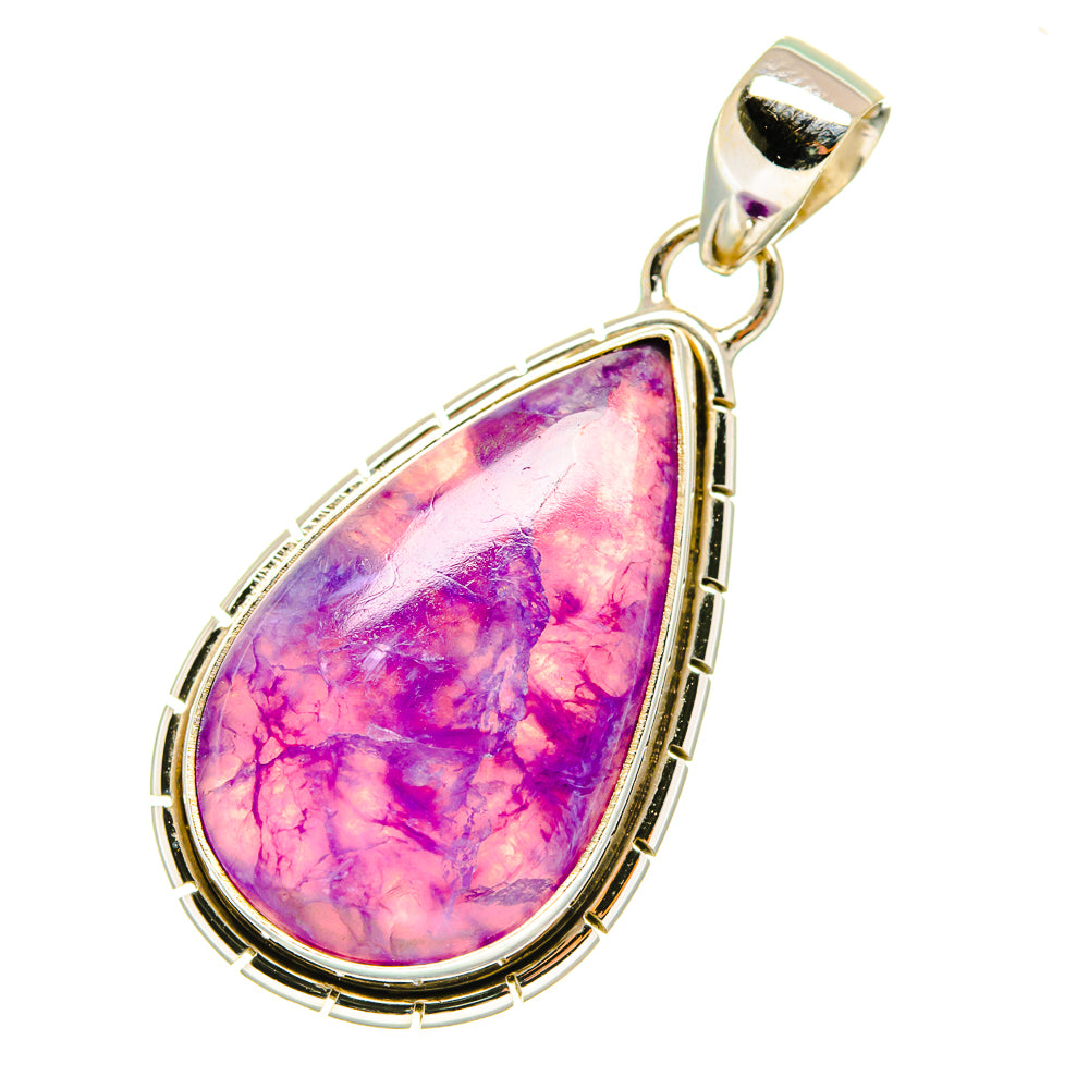 Charoite teardrop pendant in 925 sterling silver with purple-pink cabochon and bail