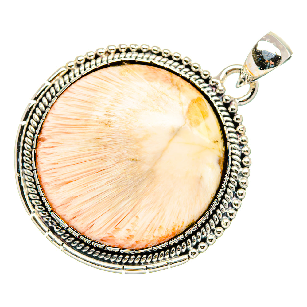 Round scolecite pendant with cream stone face, 925 sterling silver textured rim and bail